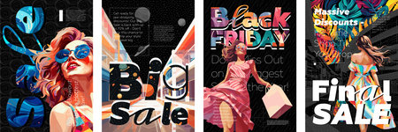 Black Friday art poster set with happy fashionable beautiful girl in shopping mall. Sale and discounts bright colors placard with advertising text. Creative typography print template. Vector artworkのイラスト素材