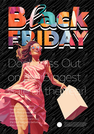 Black Friday promo trendy placard with beautiful woman on abstract pattern background. Sale and discount poster with advertising text. Creative typography print. Fashion shopping flyer design templateのイラスト素材