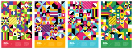 Abstract geometric bauhaus artworks. Simple shapes collage poster set. Memphis pattern background collection. Retro modern trendy graphic paintings. Vintage postmodern art print vector eps designのイラスト素材