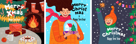Merry Christmas and Happy New Year square banner set. Xmas cozy holiday eve greeting card. Winter family joyful celebration poster. Fireplace and festive spruce. Creative art drawing cover design. Epsのイラスト素材