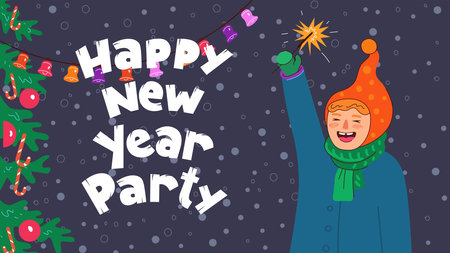 Happy girl celebrates New Year and Merry Christmas. Child laughs and holds sparkler. Winter family celebration eve greeting card. Holiday banner with inscription. Vector drawing postcard illustrationのイラスト素材