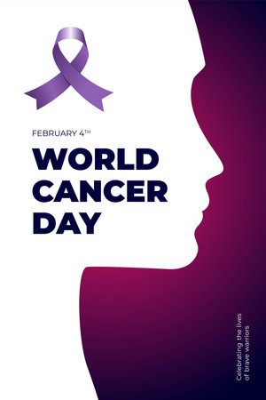 World cancer awareness day poster design concept. Purple ribbon with inscription and woman profile for February 4th stop cancer campaign. Oncology prevention, detection and treatment. Vector placardのイラスト素材
