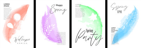 Hello spring poster abstract watercolor drawing flowers. Floral art hand drawn women holiday placard. Botanical aquarelle paint brush cover. Banner with summer blooms. Herbal plant postcard design setのイラスト素材