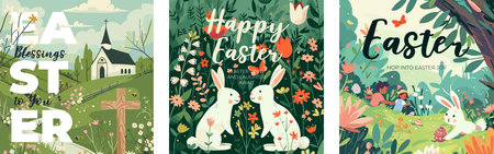 Happy Easter Day holiday creative square banner set. Colorful eggs hunt with cute bunny and...