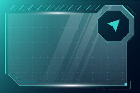 HUD digital futuristic user interface horizontal frame. Sci Fi high tech screen. Gaming menu touching cyber monitoring dashboard panel. Cyberspace head-up display technology information vector signのイラスト素材