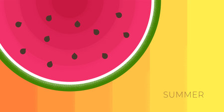 Abstract retro minimal summertime horizontal banner. Watermelon and sea sand on summer vintage poster. Juicy fruit on vacation trendy minimalist placard. Holiday journey vector eps design templateのイラスト素材