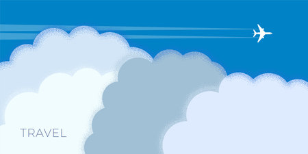 Abstract retro minimal summer travel horizontal banner. Airplane flies on clouds sky on vintage poster. Flight on vacation trendy minimalist placard. Tourist plane journey vector eps design templateのイラスト素材