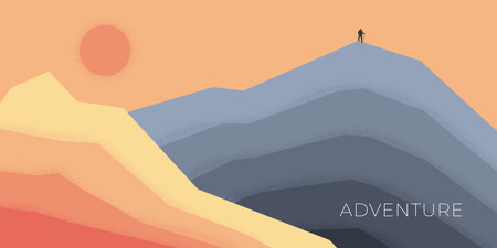 Abstract retro minimal hiking travel horizontal banner. Tourist stand on mountain on sunset sky background on vintage cover. Outdoor recreation on vacation trendy minimalist placard. Nature adventureのイラスト素材