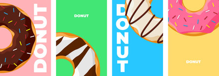 Colorful tasty donut poster design set. Glazed doughnuts banner collection for cafe decoration or advertising. Sweet baked rings on colored background. Vector eps drawing illustration for bakeryのイラスト素材