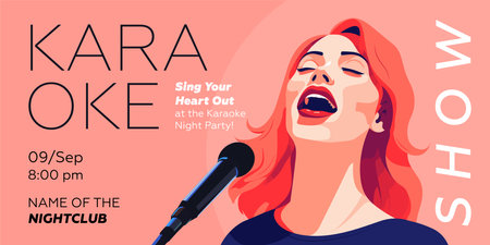 Karaoke party show banner. Music night club festival drawing art print. Woman sing song into mic. Musical event artwork placard template with singing person. Trendy typography cover vector eps designのイラスト素材