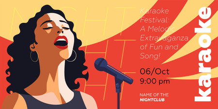 Karaoke party show banner. Music night club festival drawing art print. Woman sing song into mic. Musical event artwork placard template with singing female. Trendy typography cover vector eps designのイラスト素材