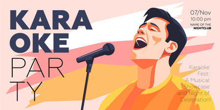 Karaoke party show horizontal banner. Music night club festival drawing art print. Man sing song into mic. Musical event artwork placard template with singing person. Trendy typography vector designのイラスト素材