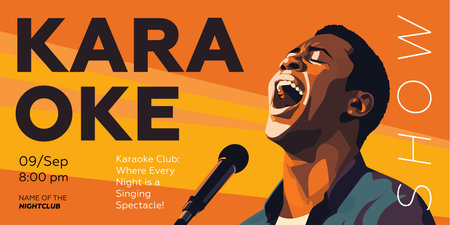 Karaoke party show banner. Music night club festival drawing art print. Man sing song into mic. Musical event artwork placard template with singing black male person. Trendy typography vector designのイラスト素材