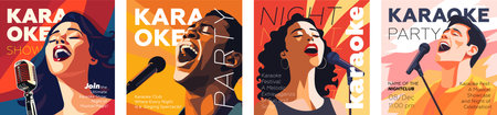 Karaoke party show square banner set. Music night club festival drawing art prints. People sing song into mic. Musical event flyer template with singing person. Trendy typography cover vector designのイラスト素材