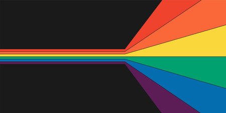 Retro rainbow color striped path horizontal banner. Geometric hippie rainbows perspective flow print. Vintage hippy style abstract iridescent stripes. Trendy groovy minimal y2k colorful spectrum artのイラスト素材