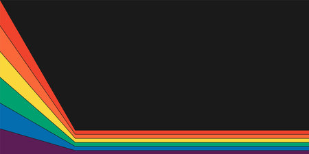 Retro rainbow color striped path horizontal banner. Geometric hippie rainbows perspective flow print. Vintage hippy abstract spectral iridescent stripes. Trendy minimal y2k colorful pop art. Vectorのイラスト素材