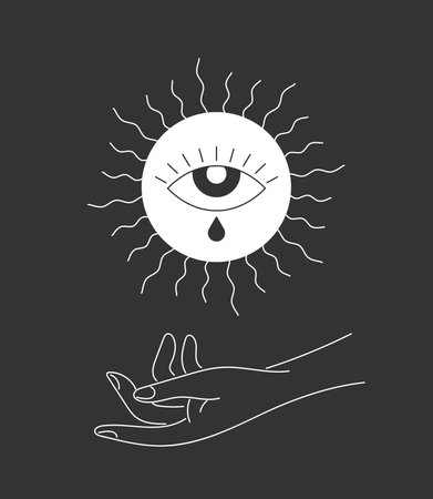 Esoteric celestial eye in summer solstice sun sign levitate over woman hand. Spirituality equinox holiday linear symbol. Mystic tattoo outline logo. Boho summertime style vector eps logotypeのイラスト素材