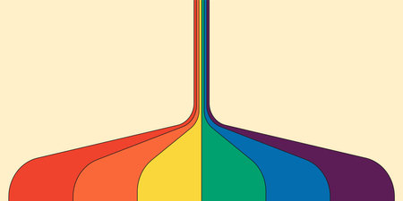 Retro rainbow color striped path horizontal banner. Graphic rainbows perspective flow print. Vintage hippie abstract spectral iridescent lines. Trendy modern simple disco y2k colorful pop art linesのイラスト素材