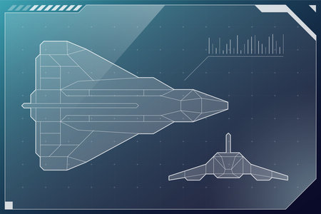 HUD futuristic starship scheme. Spacecraft cockpit radar dashboard control panel. Spaceship wireframe FUI head up display. Command center UI screen. GUI Sci Fi hi tech digital aircraft shuttle frameのイラスト素材