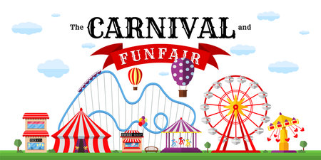 Carnival funfair horizontal banner. Amusement park with circus, roller coaster, attractions on white backdrop. Festive theme design template. Fun fair festival poster. Vector illustrationのイラスト素材