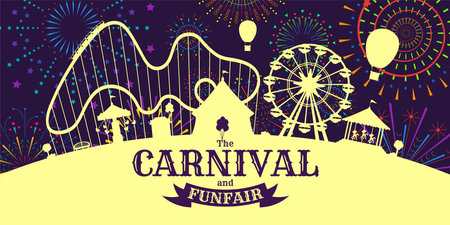 Carnival funfair horizontal banner with firework on night sky. Amusement park with circus, roller coaster, attractions on fireworks sparkles rays backdrop. Fun fair festival vector flyerのイラスト素材
