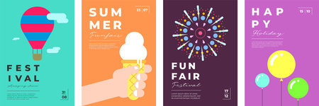 Amusement park festive minimal trendy poster set. Hot air balloon and fireworks on print. Ice cream on carnival funfair minimalistic creative design banner. Fun fair festival simple modern eps placardのイラスト素材