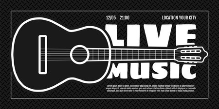 Music festival show horizontal banner. Invitation flyer design template. Acoustic classic guitar on black background. Live folk musical party concert poster. Country fest event print. Epsのイラスト素材