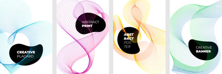 Modern abstract design poster set. Bright color halftone geometric linear pattern gradient texture for minimal dynamic placard template. Future flowing outline colorful shapes print. White backgroundのイラスト素材