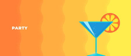 Abstract retro minimal summer travel horizontal banner. Vintage print rest on sea beach with cocktail glass on sand. Summertime tourist vacation party graphic design. Trendy minimalism seasonal coverのイラスト素材