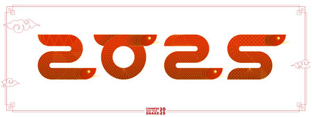 2025 geometric Chinese Happy New Year snake banner. Red abstract China zodiac animal serpent set. Asian modern shapes with linear pattern logo. Frame template for eps oriental calendar or posterのイラスト素材