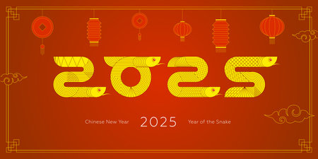 2025 geometric Chinese Happy New Year snake red banner. Gold abstract China zodiac animal serpent. Asian modern shapes with linear decor logo. Frame template for oriental festival calendar or posterのイラスト素材