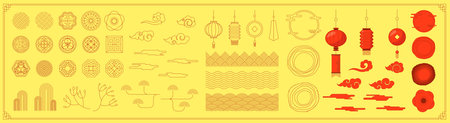 Chinese traditional banner decoration element set. Korean and Japanese decorative pattern and lantern. Asian full moon flower and cloud. Oriental folk linear ornament sun shapes concept for decor. Epsのイラスト素材