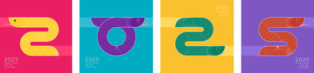Abstract pattern chinese snake combination 2024 Happy New Year square banners. Colored China zodiac animal serpent set. Graphic asian celebration colorful prints. Modern trendy oriental festival flyerのイラスト素材