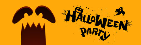 Happy Halloween party horizontal banner design template. Jack O Lantern pumpkin carved scary smiling face on orange background and hand drawn inscription. Traditional October 31 holiday greeting cardのイラスト素材
