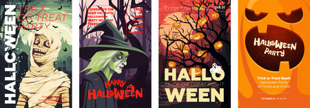 Halloween party poster. Scary sorcerer and zombie in night forest. Art cover spooky dead man and mummy in moonlit cemetery. Lantern Jack pumpkins on dark tree. October 31 horror holiday artwork flyerのイラスト素材