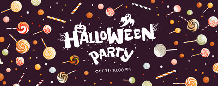 Happy Halloween party horizontal banner. Drawing sweet candies background poster. Art cover horror night celebration. October 31 holiday event promotional artwork. Trick or treat print eps designのイラスト素材