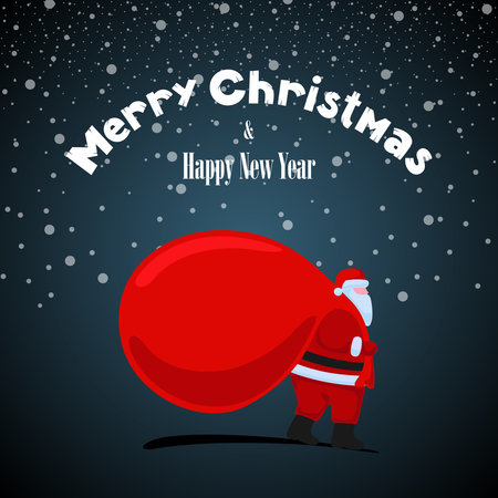 Santa Claus cartoon character coming and carries large heavy gifts red bag. Merry Christmas and Happy New 2025 year holiday greeting card on night snowy background. Celebration calendar postcard. Epsのイラスト素材