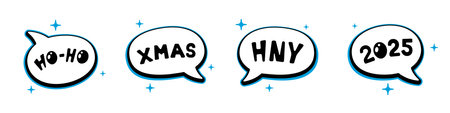 Holiday cartoon comic speech bubble sticker collection with sparkle stars and various messages HO-HO, XMAS, HNY, 2025. Merry Christmas and Happy New Year isolated label set vector eps illustrationのイラスト素材
