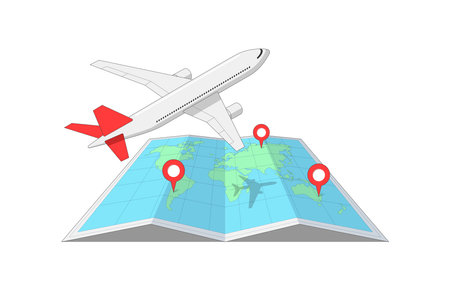 Passenger plane flying from one location to another destination pin above folded world map. Airline travel and long haul flight isometric sign concept. Business jet airplane tourism journey eps iconのイラスト素材