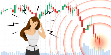 Panic businesswoman on stock index chart falling and investor financial crisis banner. Stress woman on exchange market trading decreasing data fall down graph. Bankruptcy and business failure conceptのイラスト素材