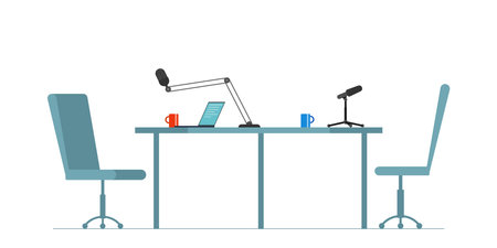 Radio station studio interior. Table, chairs with microphones and laptop. Professional equipment for music programs and podcast broadcasting. Media industry. Isolated on white backgroundのイラスト素材