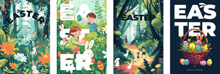 Happy Easter Day holiday poster set. Children colorful eggs hunt in forest and cute bunny in basket artwork. Traditional spring religious celebration greeting card. Festive rabbit modern art drawingのイラスト素材