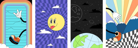 Retro abstract poster set with groovy boho vibes. Psychedelic graphic art featuring sun, moonlit sky...
