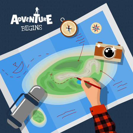 Tourist planning hiking route with map and compass. Mountain and forest evoke adventure and exploration. Perfect for travel, trekking and navigation themes. Square banner conceptのイラスト素材