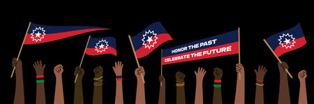 Raised fists of diverse skin tones holding Juneteenth flags and banner with message Honor the Past Celebrate the Future. Symbol of freedom, unity and Black heritage. Flat vector style with bold colorsのイラスト素材