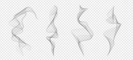 Vector realistic wavy mist, hot food steam or cigarette smoke. Set of white vapor, haze or fume isolated on transparent background. Soft flowing fog or gentle smoke waves for atmospheric effect.のイラスト素材