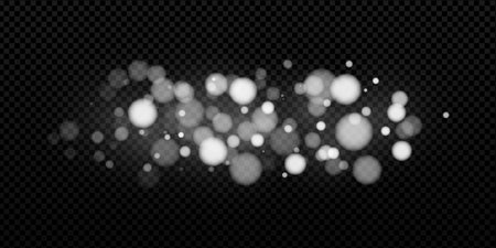 Festive white bokeh background with glowing particles, glitter, and snow. Magical, shiny vector design for New Year or Xmas cards, banners, and holiday decorations. Modern, sparkling illustration.のイラスト素材