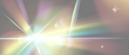 Prism light flare with rainbow glow and crystal refraction. Iridescent abstract effect with sparkle, glare and soft beam. Transparent vector overlay for product or magic design.のイラスト素材