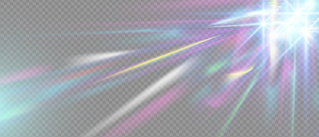Iridescent light flare with prism refraction and rainbow glow. Abstract crystal beam, sparkle splash, and fantasy glare. 3D vector overlay with hologram, gradient and magical kaleidoscope effect.のイラスト素材