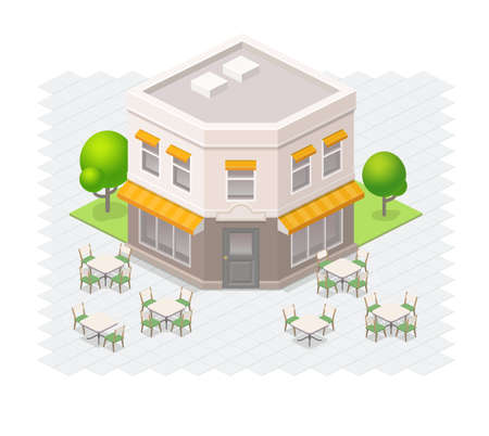 Isometric restaurant building with outdoor seating.のイラスト素材